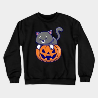 Cute Cat Laying On Pumpkin Halloween Cartoon Crewneck Sweatshirt